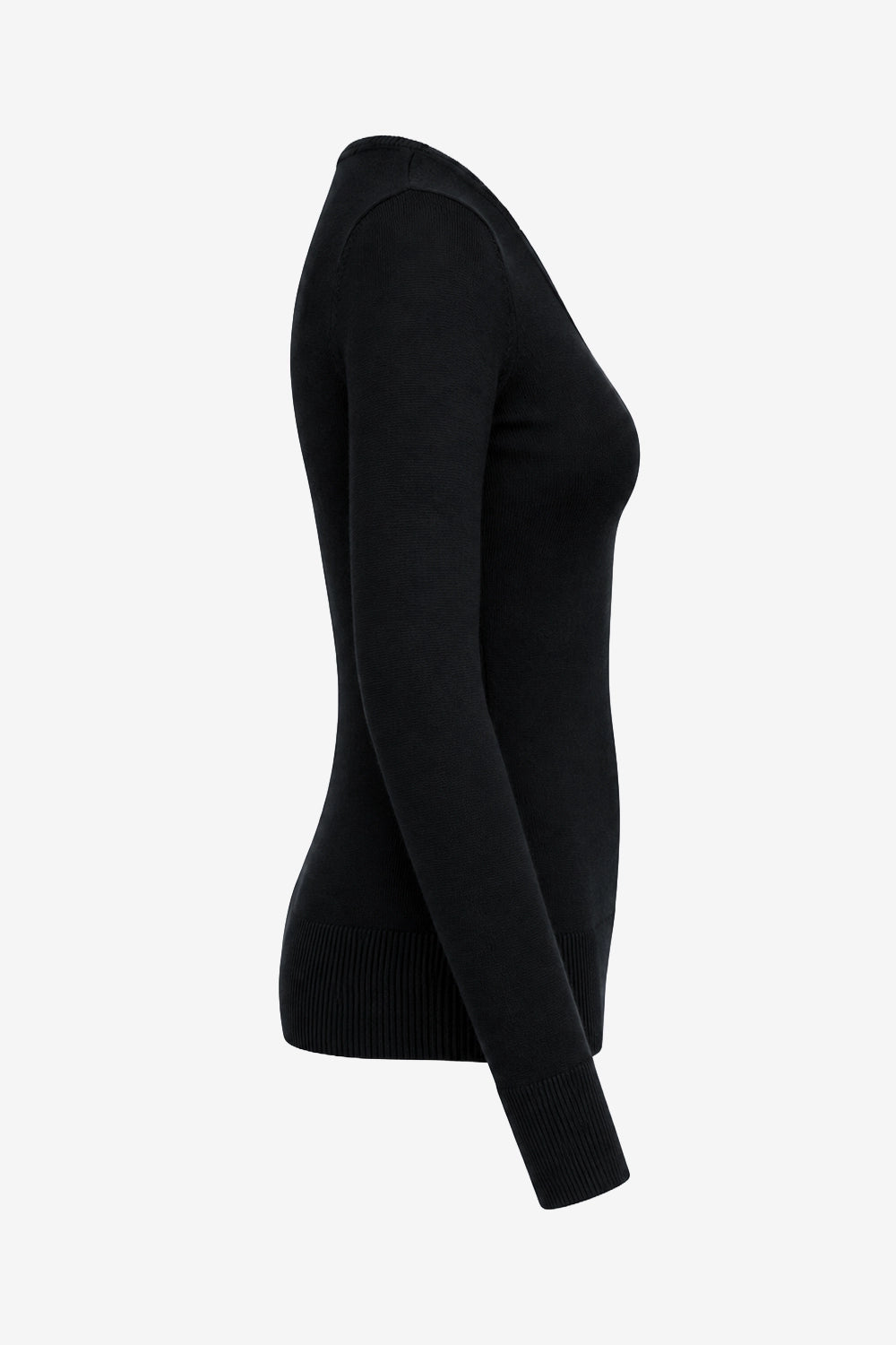 Pull femme noir, vue de côté, manche longue et ourlet côtelé