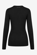 Pull femme noir, vue de dos, bord bas et poignets côtelés