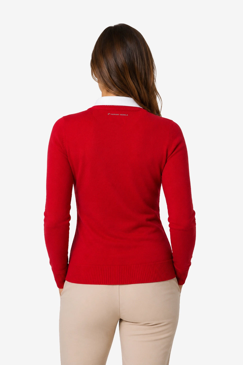 Pull femme rouge, vue de dos, maille côtelée et ourlet en bas