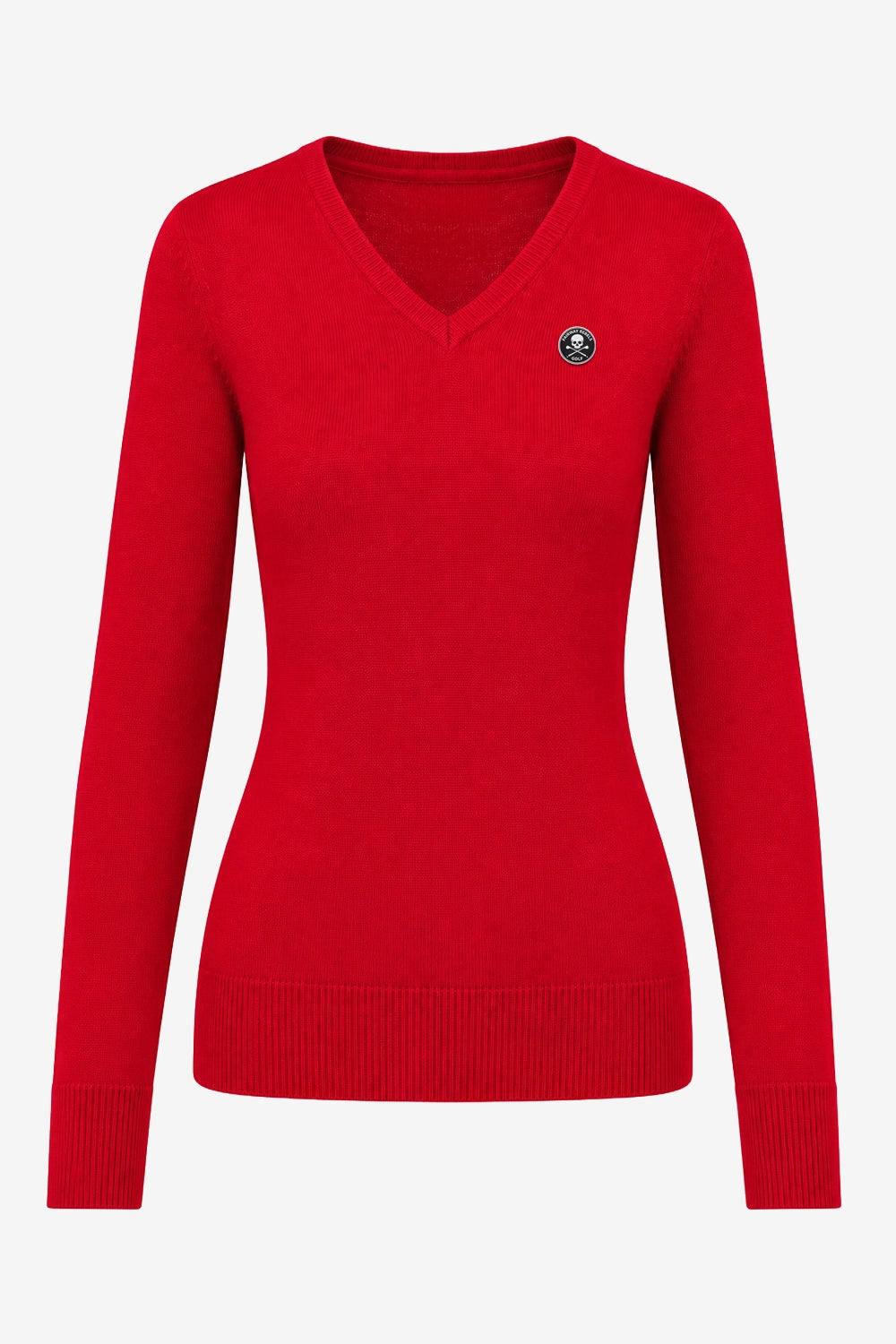 Pull golf femme rouge col V, manches longues, écusson côté, bord côte