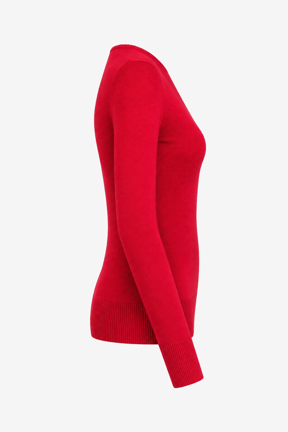 Pull femme rouge, vue de côté, manche longue et ourlet côtelé