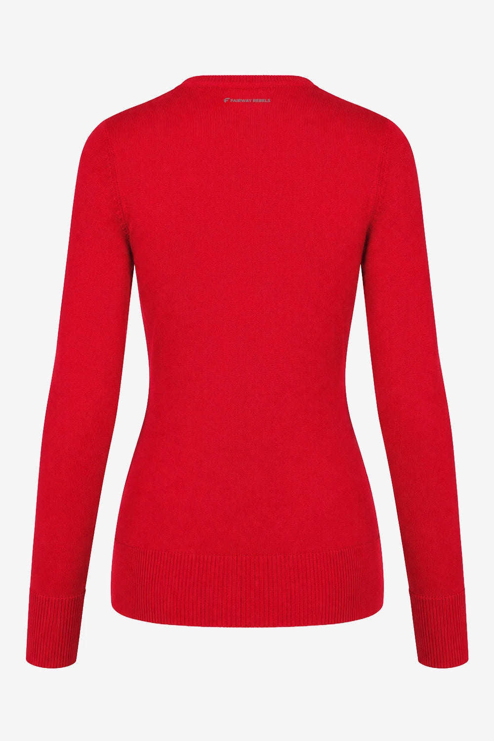 Pull golf femme rouge à manches longues, bords côtelés, vue dos