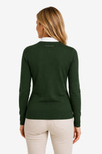 Pull golf femme vert, vue dos, col bord côte, manches longues, silhouette ajustée