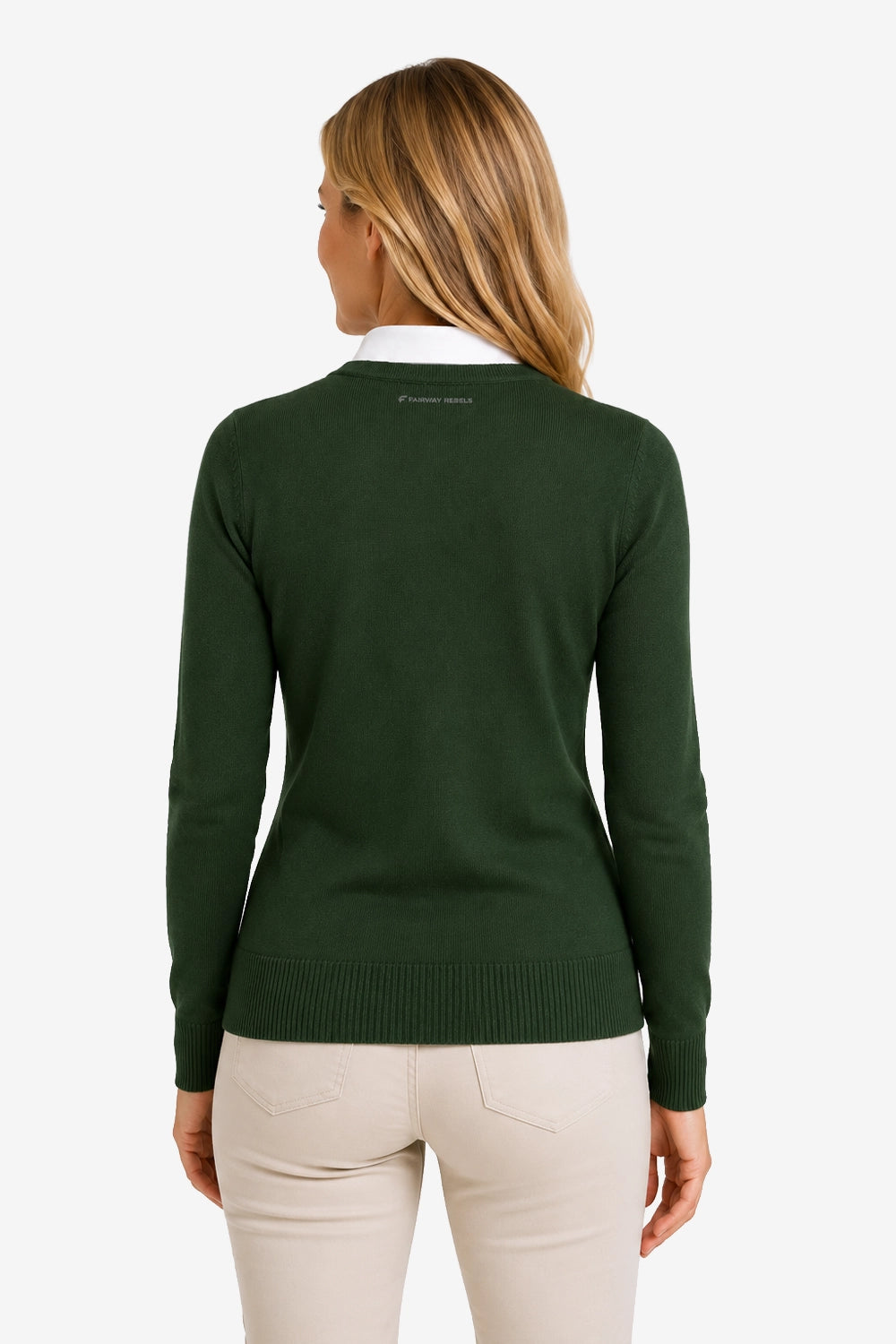 Pull golf femme vert, vue dos, col bord côte, manches longues, silhouette ajustée