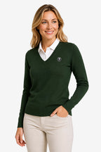 Pull golf femme vert col V, écusson sur la poitrine, manches longues, bords côtelés