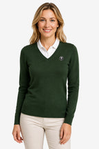 Pull golf femme vert col V avec écusson, maille côtelée aux poignets et bas
