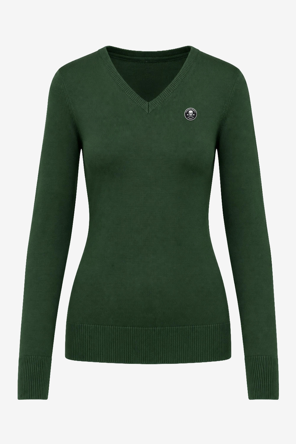 Pull golf femme vert col V, écusson sur la poitrine, manches longues, maille côtelée