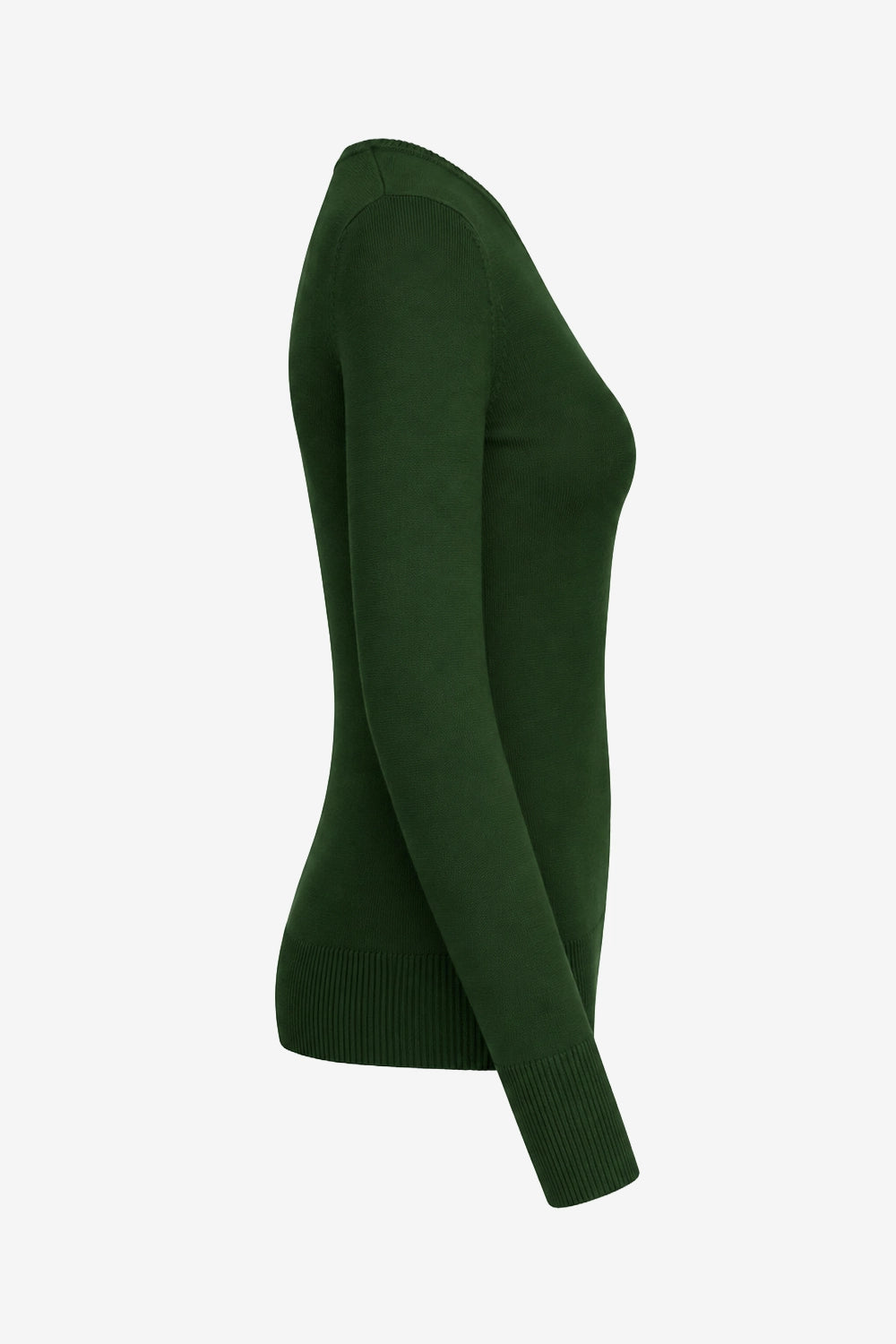 Pull golf femme vert manches longues, coupe ajustée, vue de profil