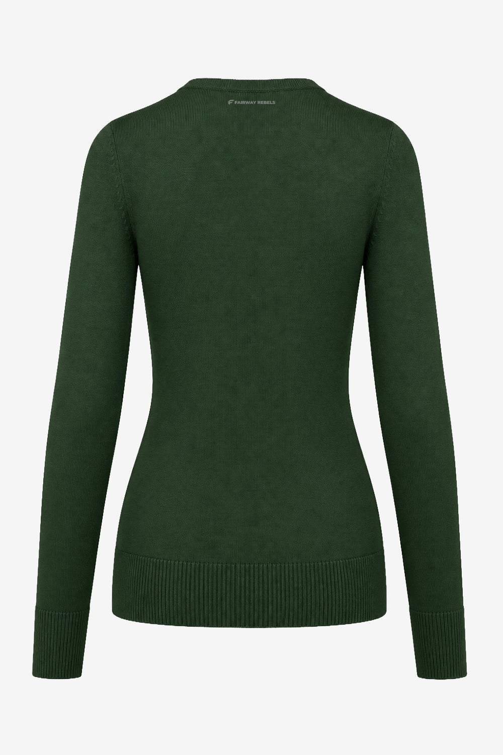 Pull golf femme vert vue dos, manches longues, bords côtelés au bas