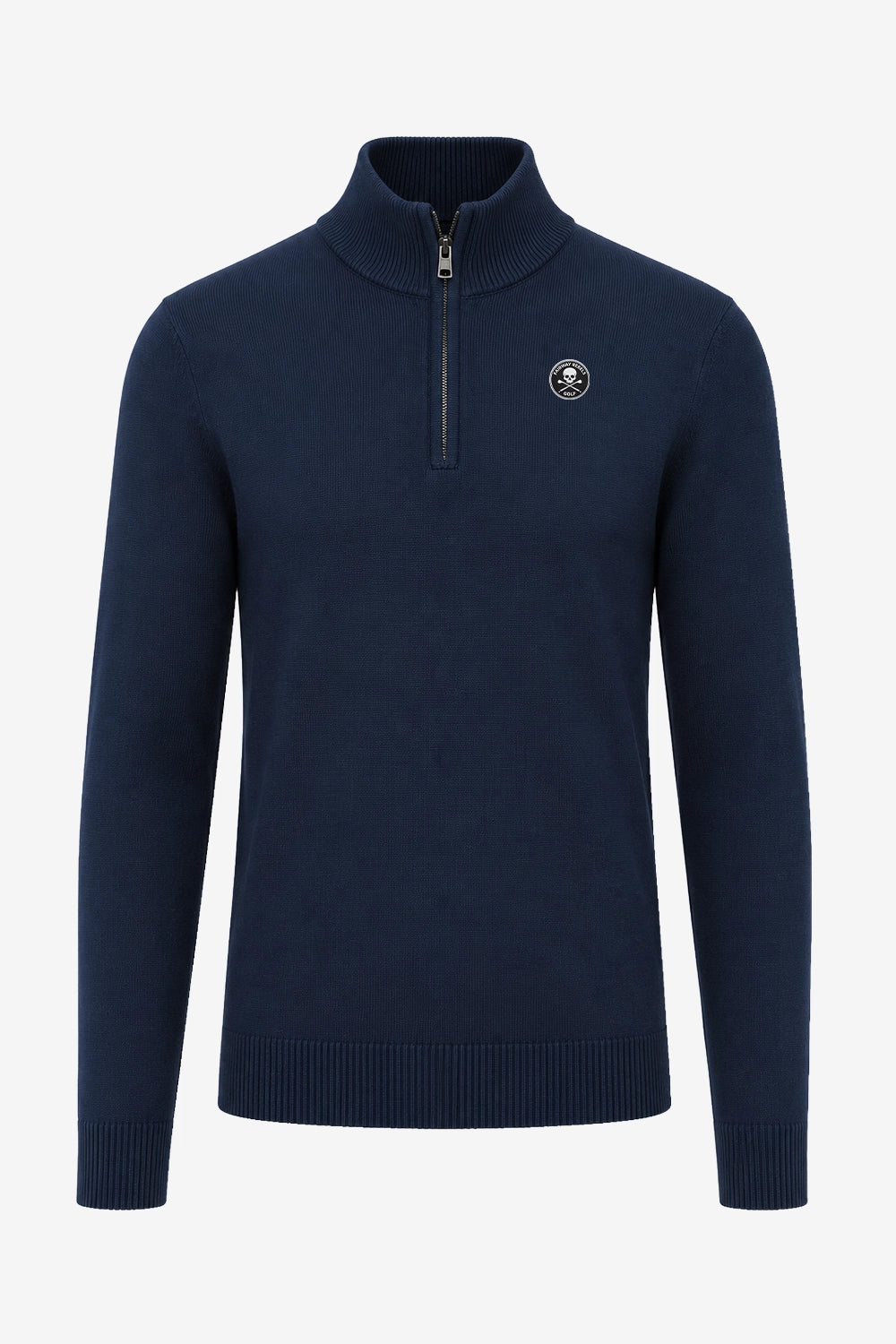 Pull homme bleu marine en maille, 1/4 zip, logo poitrine et bord-côtes bas et poignets.