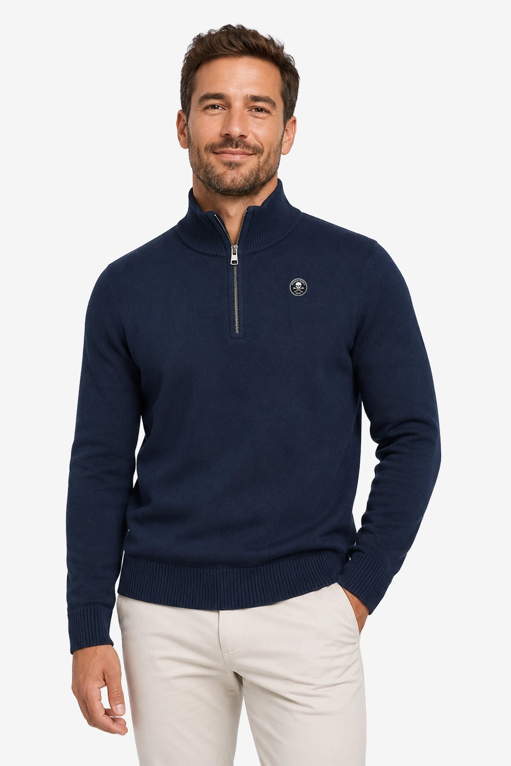 Pull homme bleu marine 1/4 zip, col montant côtelé, logo poitrine.