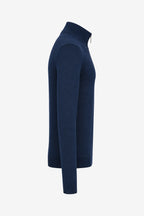 Pull golf homme bleu marine 1/4 zip col montant, manches longues, côtes aux poignets
