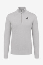Pull homme gris en maille, 1/4 zip, logo poitrine et bord-côtes bas et poignets.