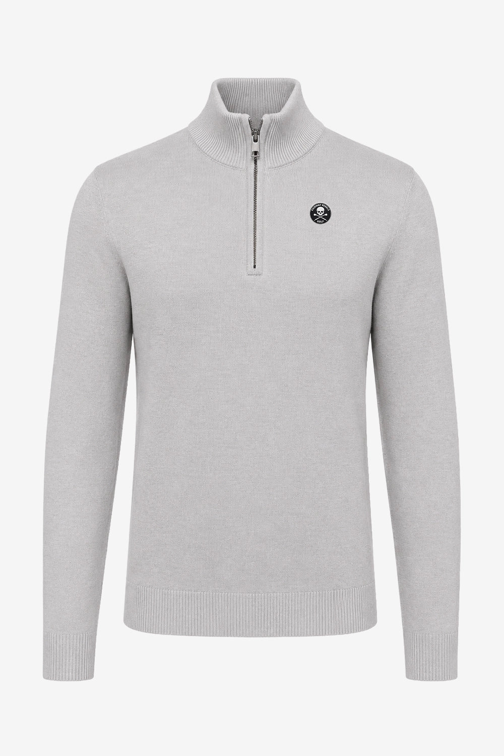 Pull homme gris en maille, 1/4 zip, logo poitrine et bord-côtes bas et poignets.