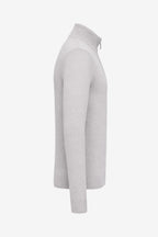 Pull golf homme gris clair 1/4 zip col montant, manches longues, côtes aux poignets