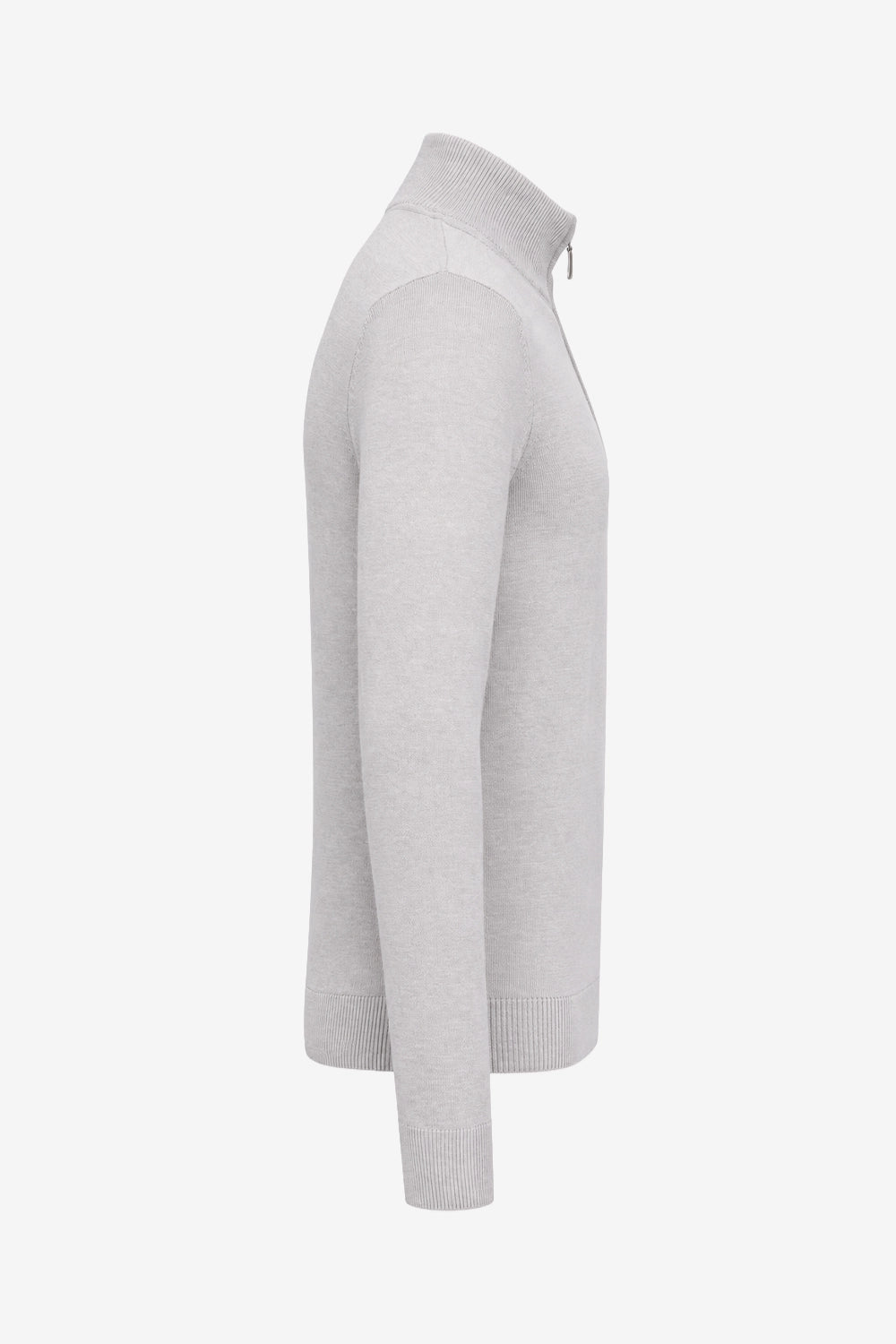Pull golf homme gris clair 1/4 zip col montant, manches longues, côtes aux poignets