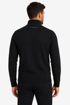 Pull homme en maille noire, vue dos, col demi-zip 1/4 et bord-côtes bas.