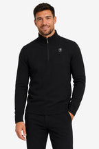 Pull homme noir 1/4 zip col montant, bords côtelés, petit logo poitrine.
