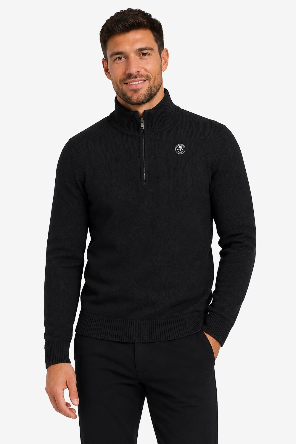Pull homme noir 1/4 zip col montant, bords côtelés, petit logo poitrine.
