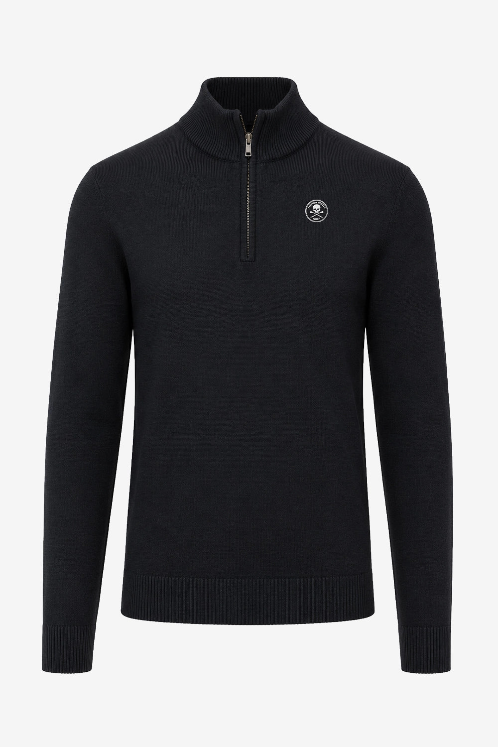 Pull homme noir en maille, 1/4 zip, logo poitrine et bord-côtes bas et poignets.