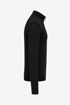 Pull golf homme noir 1/4 zip col montant, manches longues, côtes aux poignets