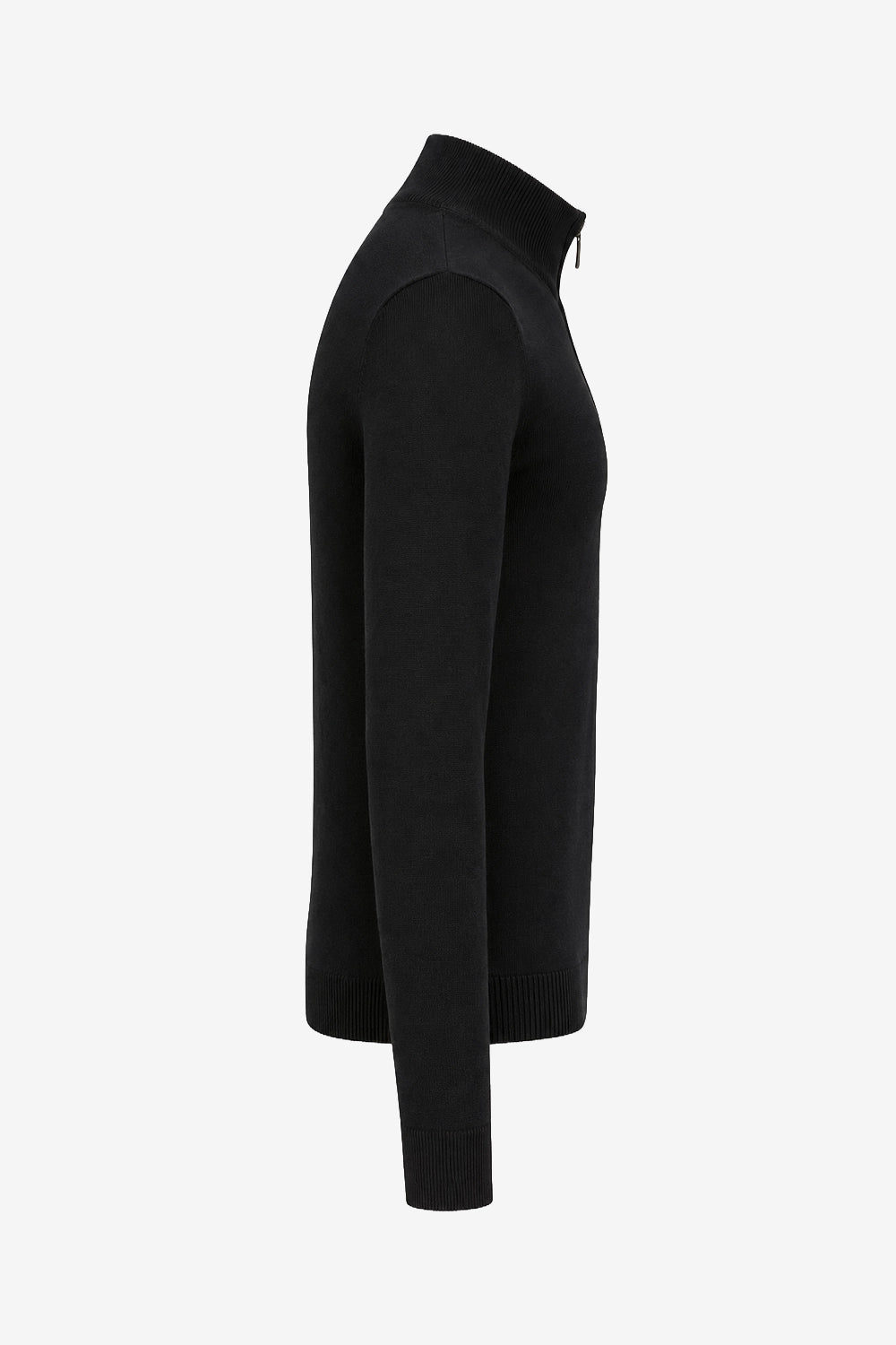 Pull golf homme noir 1/4 zip col montant, manches longues, côtes aux poignets