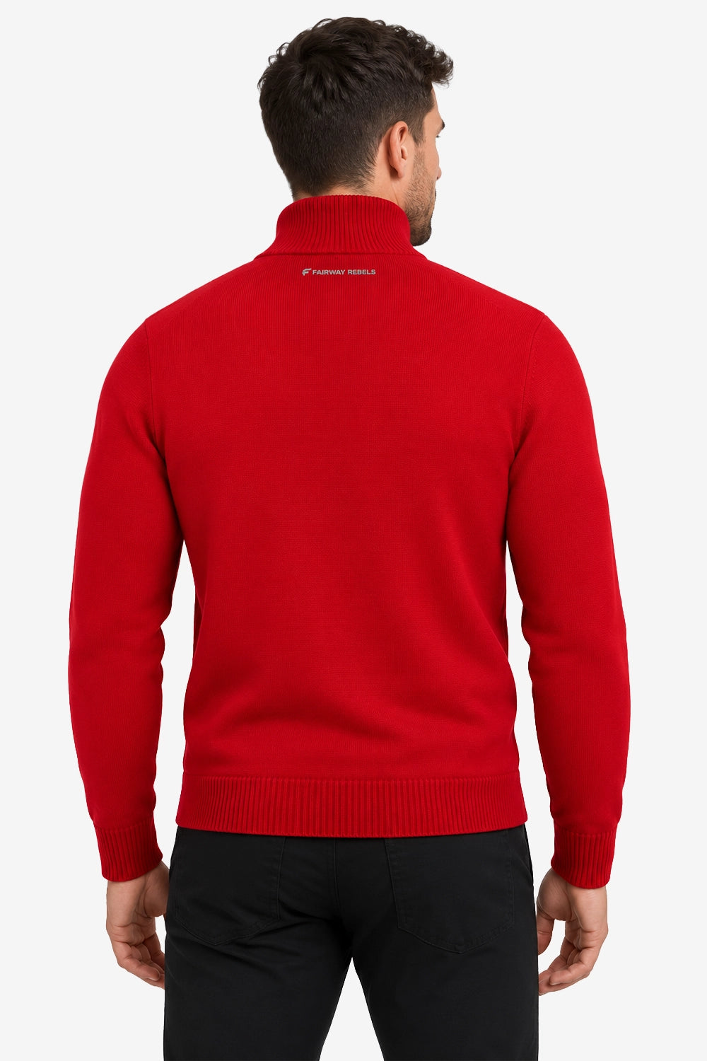 Pull homme en maille rouge, vue dos, col demi-zip 1/4 et finitions côtelées.