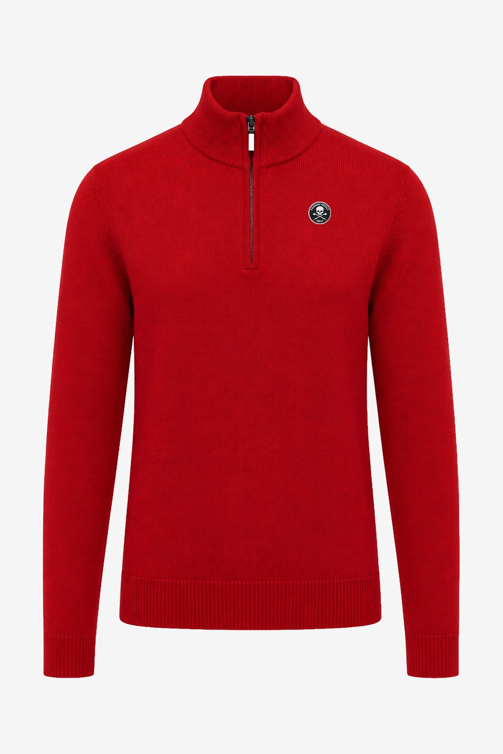 Pull homme rouge en maille, 1/4 zip, logo poitrine et bord-côtes bas et poignets.