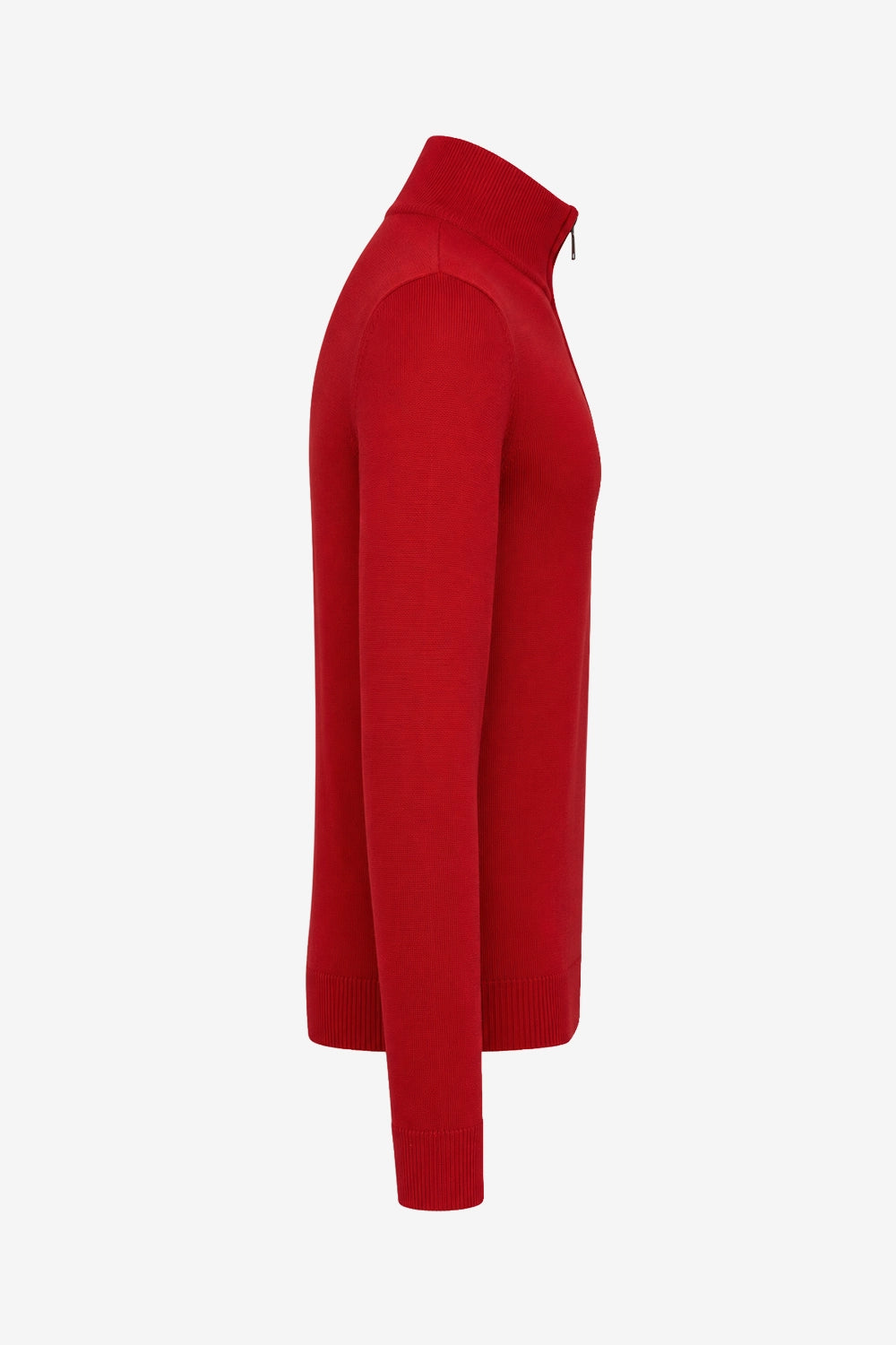 Pull golf homme rouge 1/4 zip col montant, manches longues, côtes aux poignets et bas