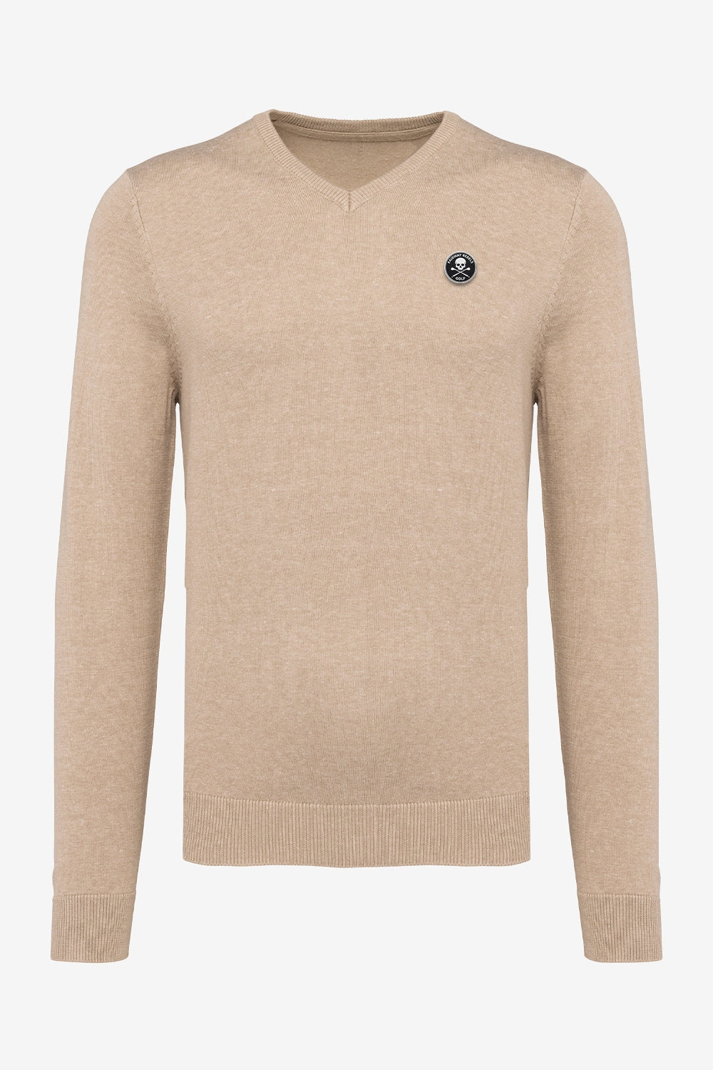 Pull homme col V beige, manches longues tricot côtelé et petit écusson poitrine