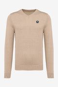 Pull homme col V beige, manches longues tricot côtelé et petit écusson poitrine