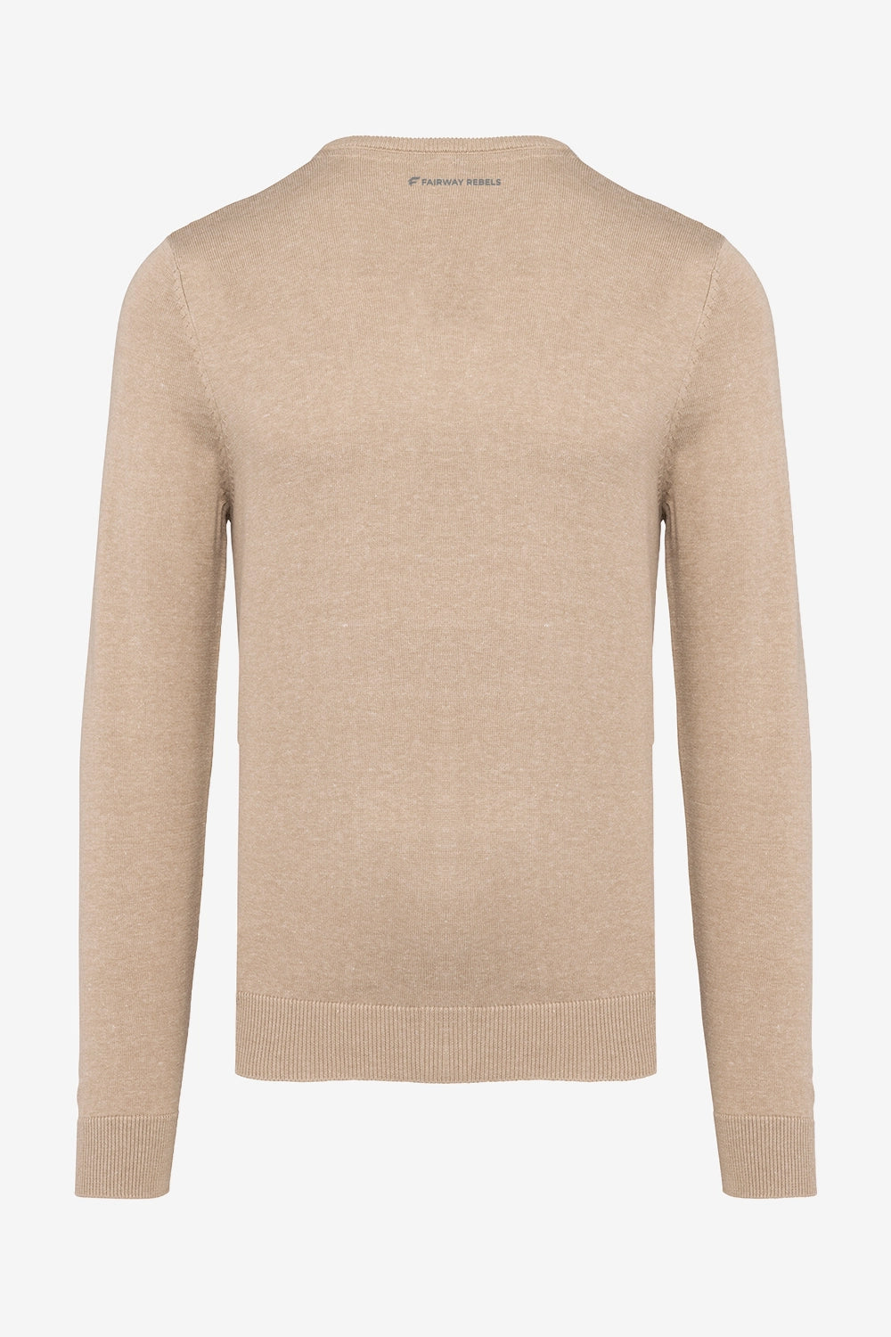 Pull homme manches longues beige clair, vue arrière, col côtelé.
