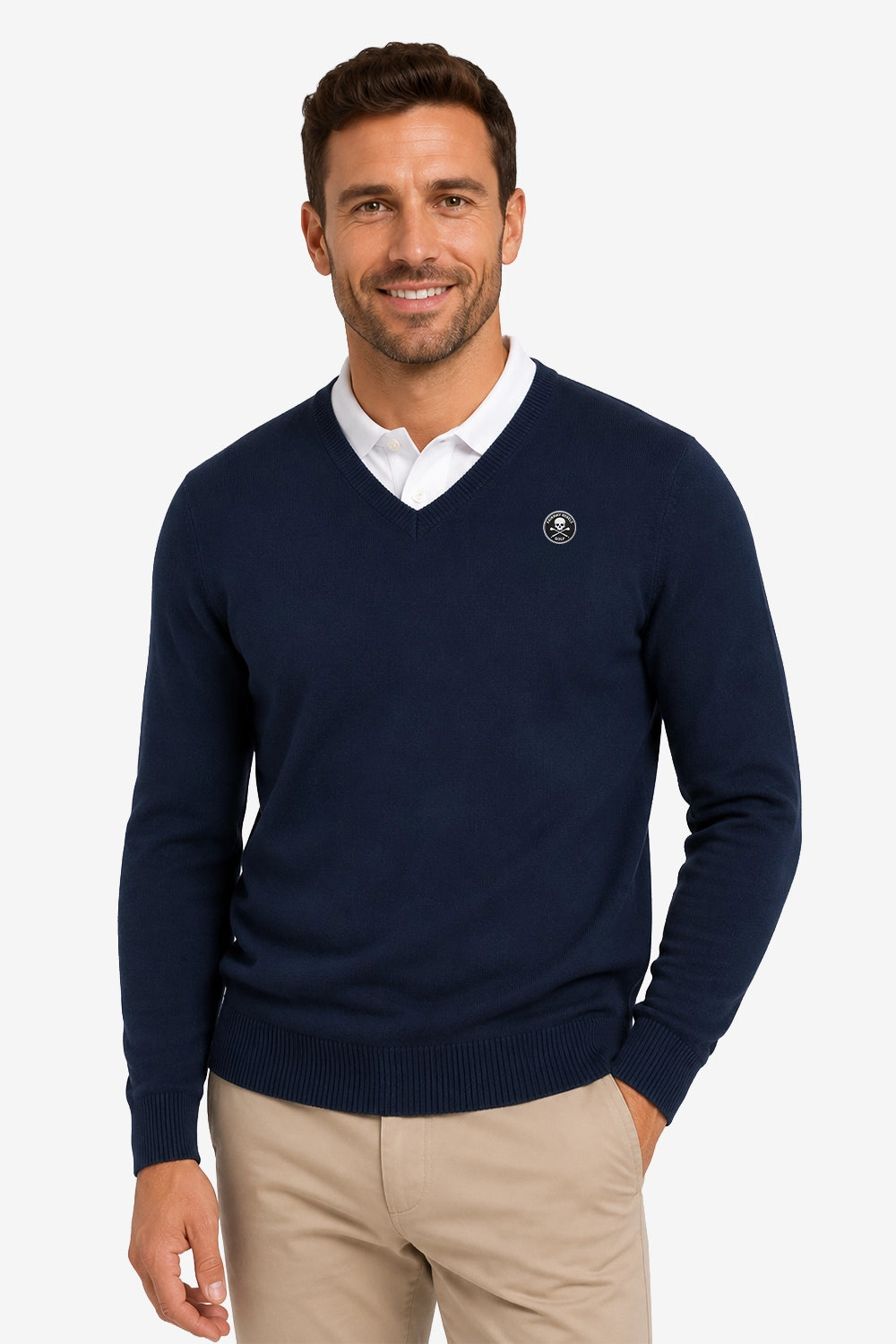 Pull homme col V bleu marine en maille, coupe droite, badge Golf sur la poitrine