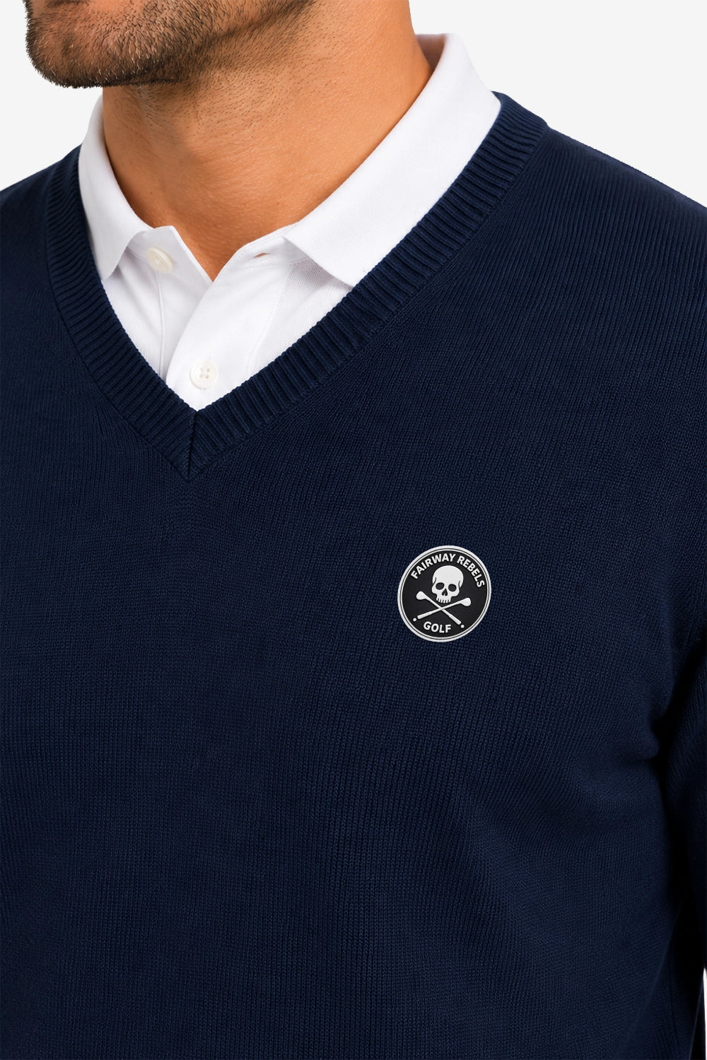 Pull homme col V bleu marine en maille côtelée, badge Golf sur la poitrine