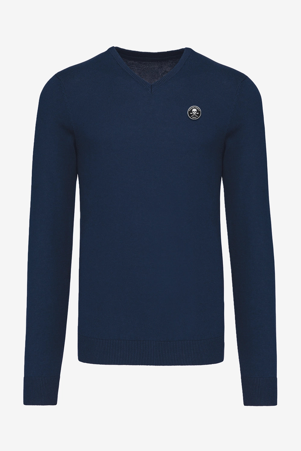 Pull homme col V bleu marine, manches longues, petit écusson poitrine.