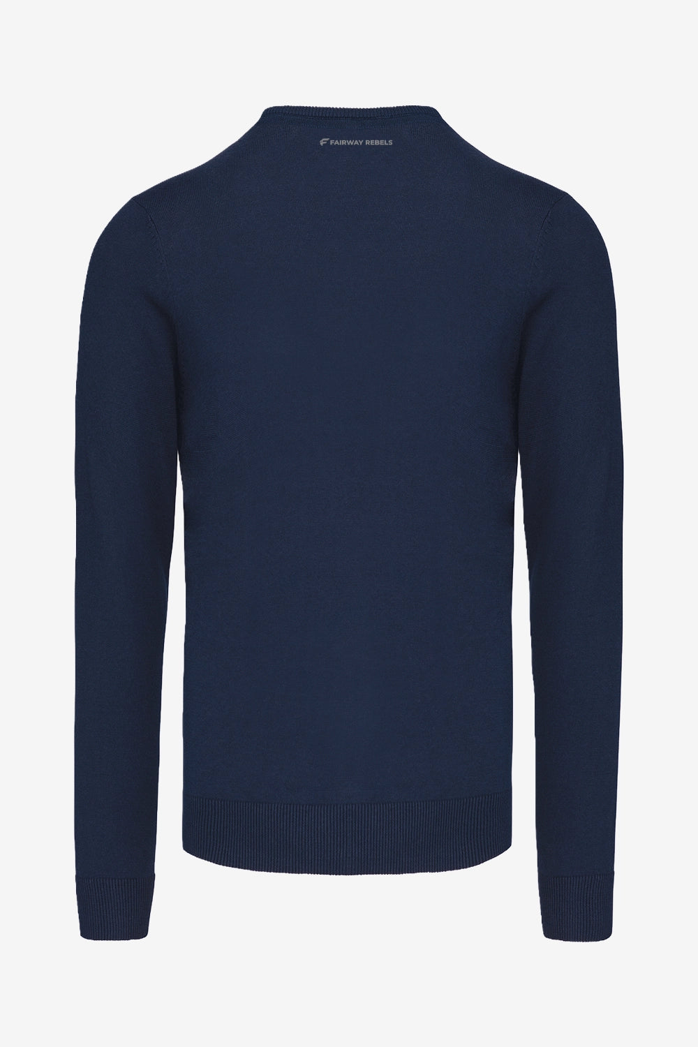 Pull homme manches longues bleu marine, vue arrière, col côtelé.