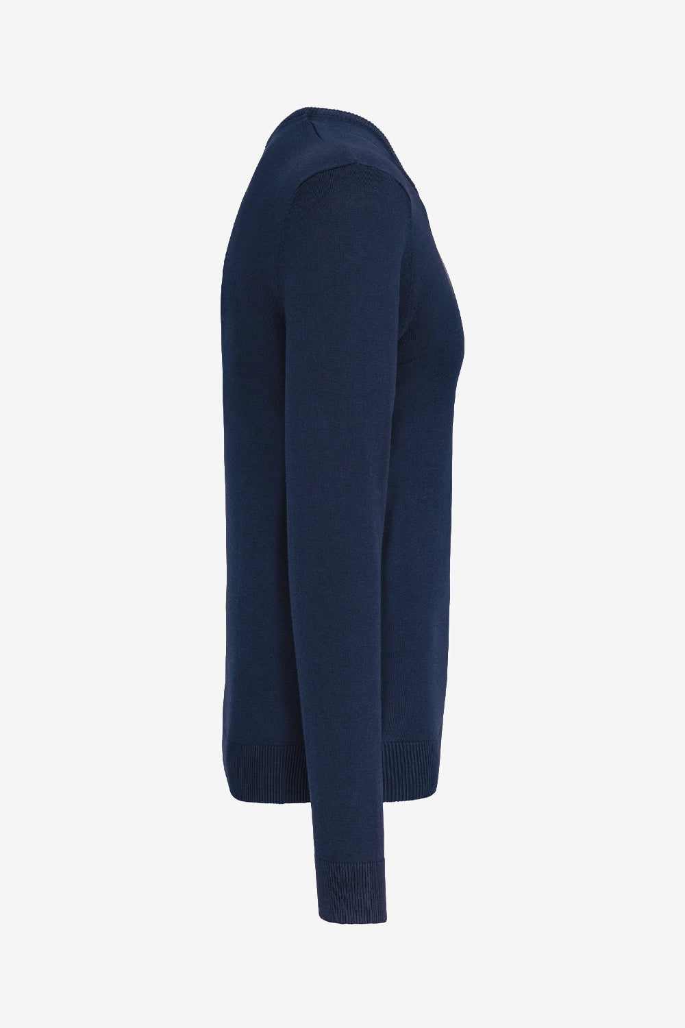 Pull de golf homme à col V bleu marine, vue de profil, manches longues en maille.