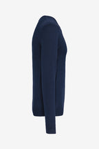 Pull de golf homme à col V bleu marine, vue de profil, manches longues en maille.