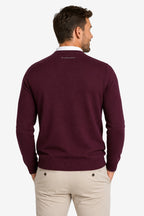 Pull de golf homme à col V bordeaux, vue de dos, manches longues côtelées.