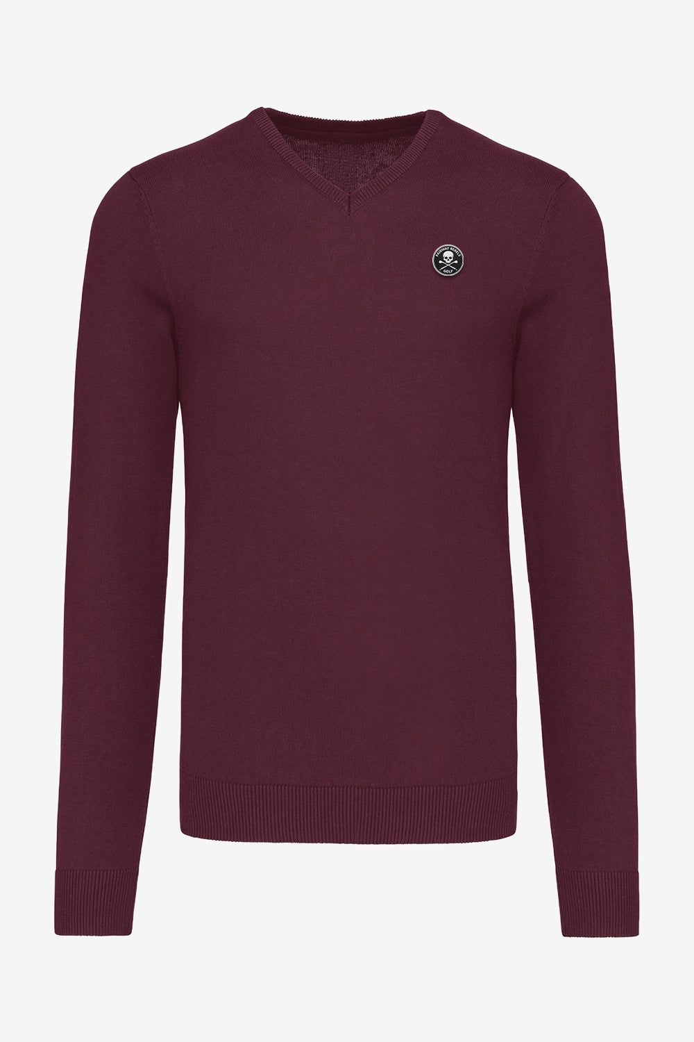 Pull homme col V bordeaux, manches longues, petit écusson poitrine.