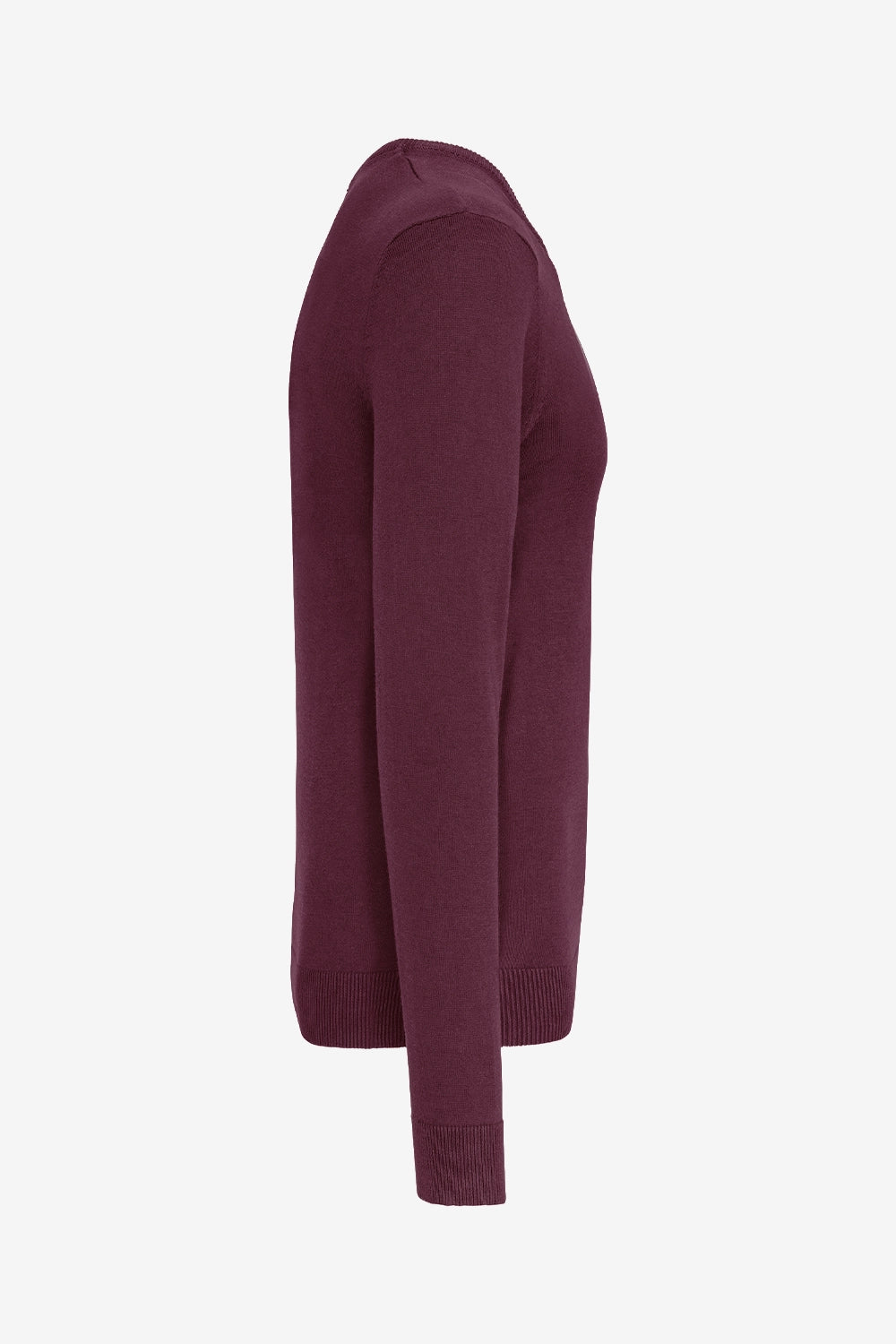 Pull de golf homme à col V bordeaux, vue de profil, maille à manches longues.