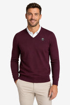 Pull homme col V bordeaux en maille, coupe droite, badge Golf sur la poitrine