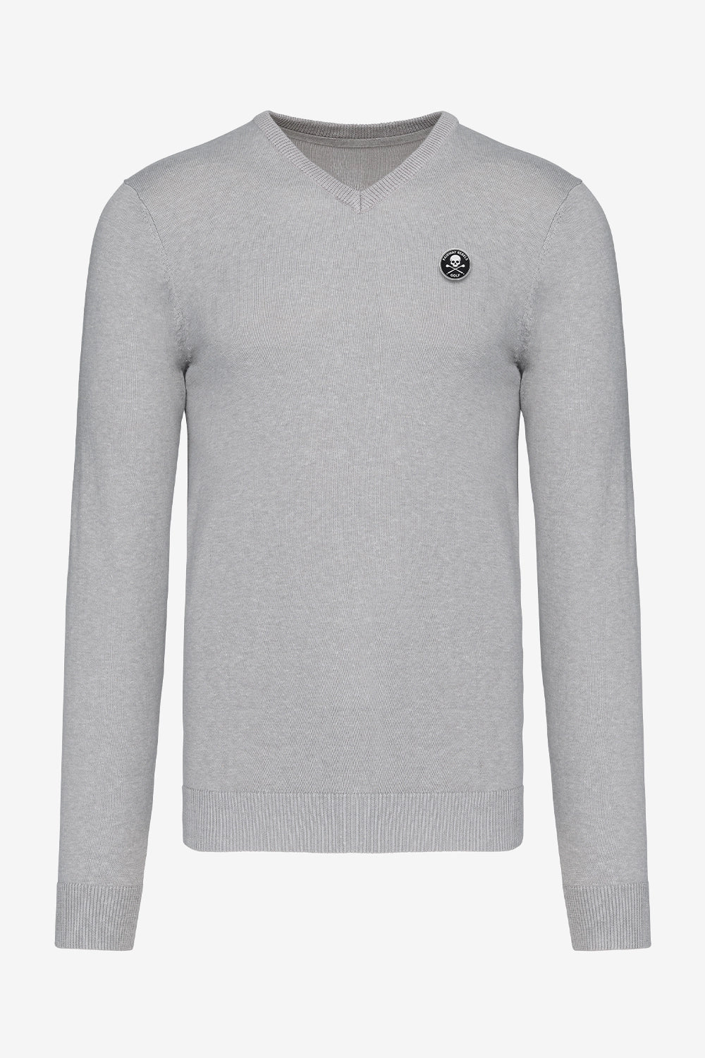 Pull homme col V gris clair, manches longues, petit écusson poitrine.