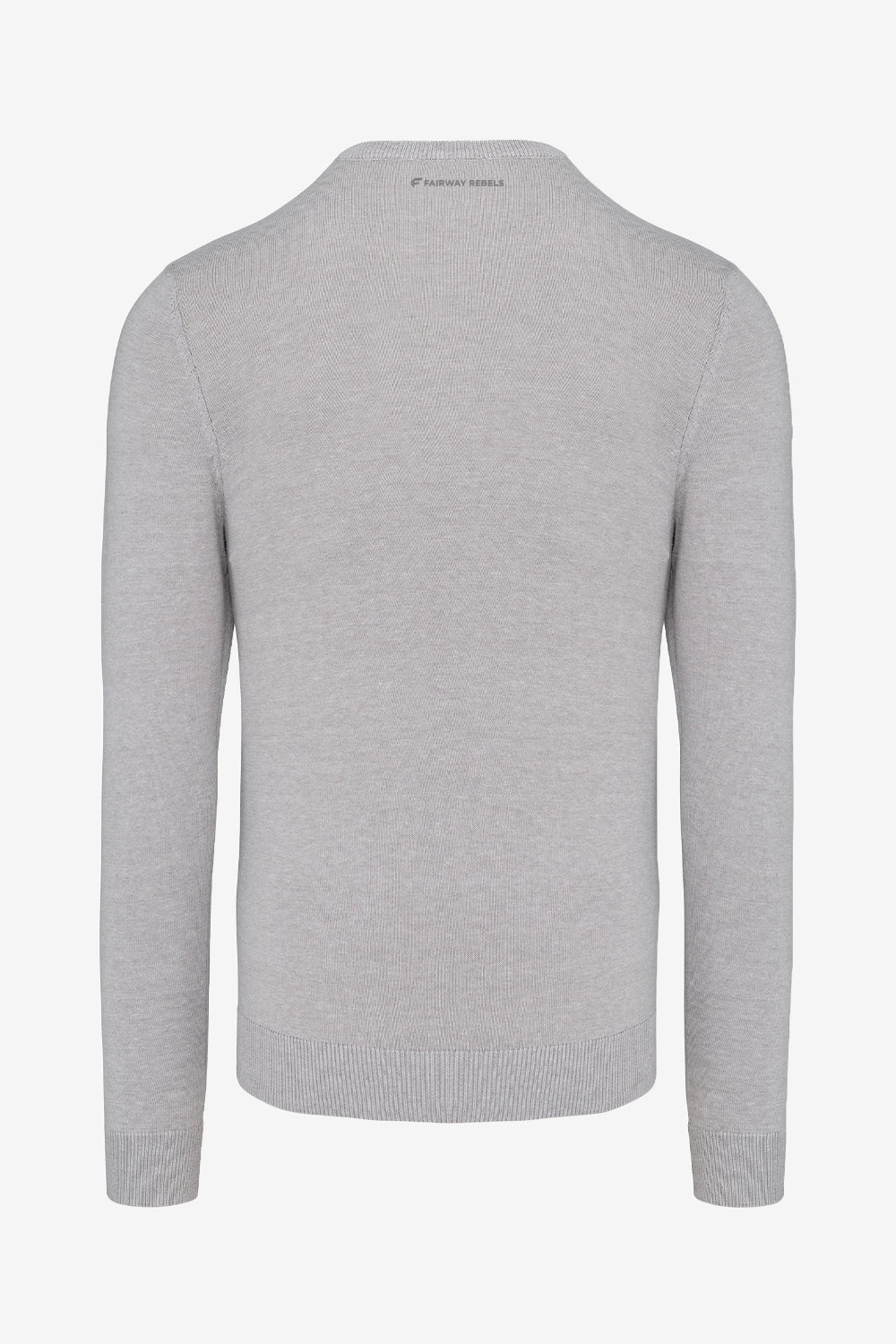 Pull homme manches longues gris clair, vue arrière, col côtelé.