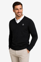 Pull homme col V noir, manches longues, bordures côtelées, petit logo poitrine