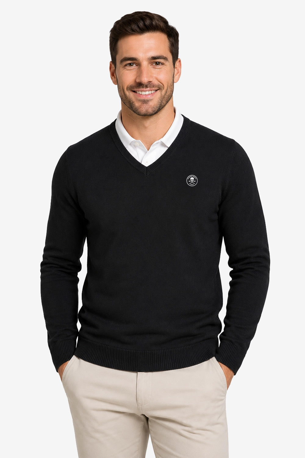 Pull homme col V noir, manches longues, bordures côtelées, petit logo poitrine