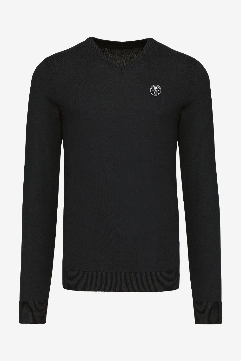 Pull homme col V noir, manches longues tricot côtelé et petit écusson poitrine