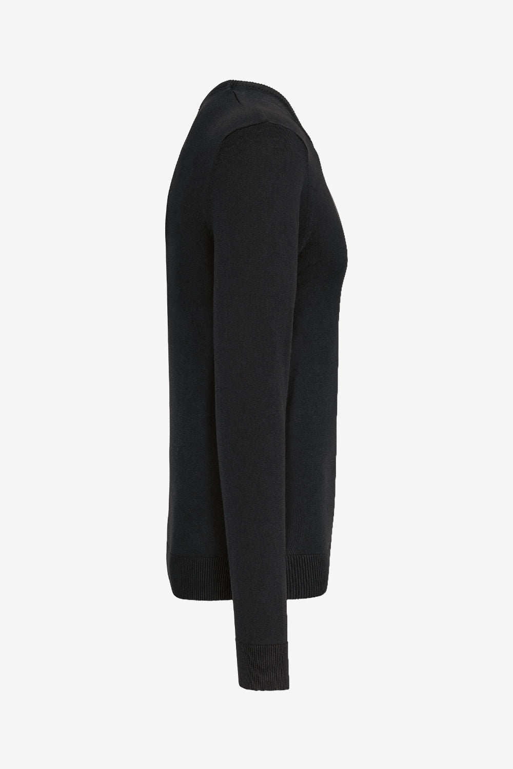Pull de golf homme à col V noir, vue de profil, manches longues en maille.