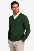 Pull homme col V vert, manches longues, bordures côtelées, petit logo poitrine