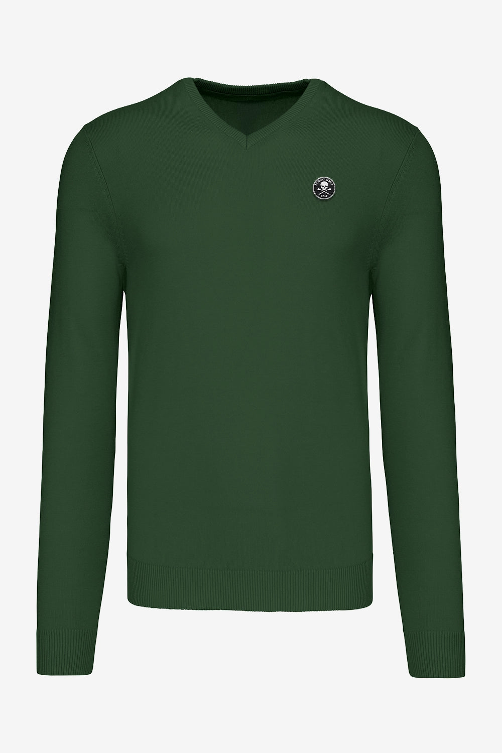 Pull homme col V vert foncé, manches longues, petit écusson poitrine.